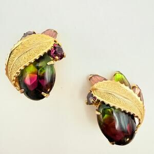 Vtg MCM Signed Weiss Watermelon Glass Rhinestone Navette Leaf Clip On Earrings